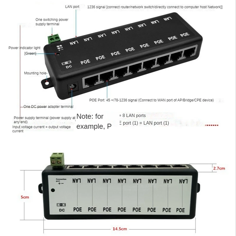Инжектор POE 8 портов Poe Адаптер питания Ethernet Источник питания для сети ВИДЕОНАБЛЮДЕНИЯ POE Питание камеры по Ethernet Изображение 5