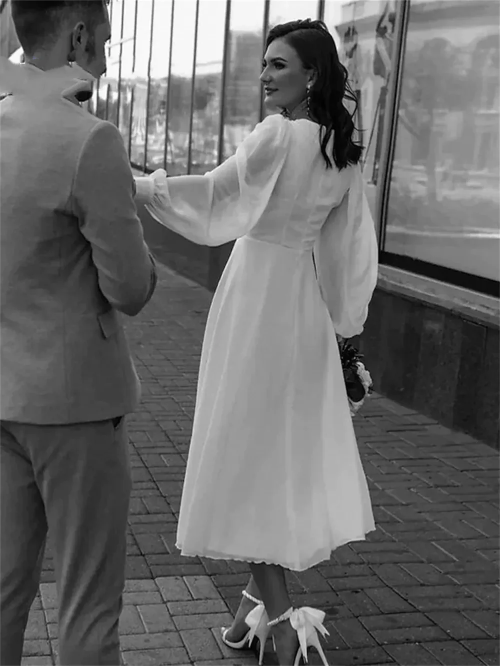 Классические свадебные платья Flavinke с Глубоким V-образным вырезом и Длинным рукавом 2024 года, Элегантное шифоновое Свадебное платье А-силуэта Чайной длины Vestidos De Novia Изображение 1