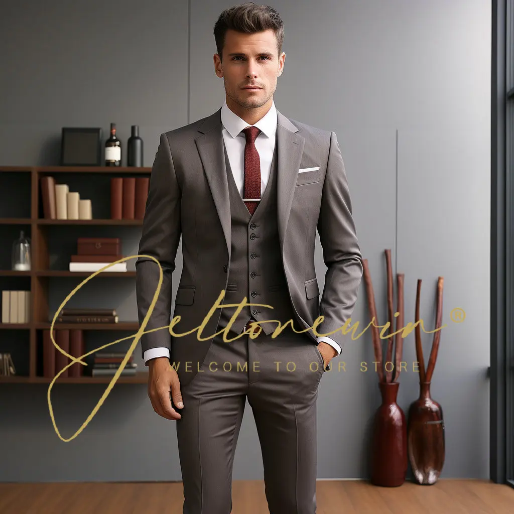 Классический мужской повседневный деловой костюм высокого бренда синего или серого цвета в стиле ретро, официальный костюм жениха, свадебное платье, куртка, жилет, брюки Изображение 0