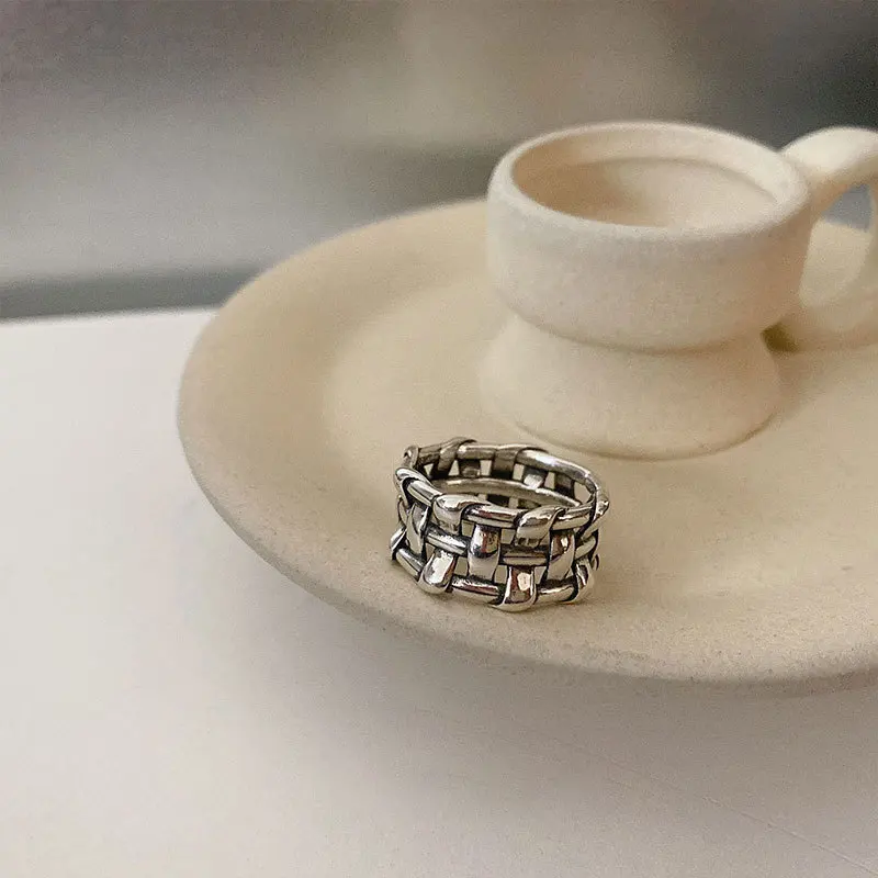 Кольцо из серебра 925 пробы для женщин, подарок для девочки, Корейский INS Плетеный Широкий проблемный тренд, этнический стиль, модные украшения ручной работы Изображение 4