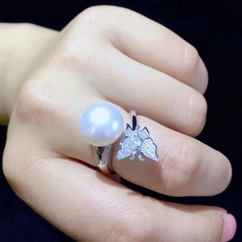 кольцо с натуральным пресноводным жемчугом из стерлингового серебра 925 пробы с кубическим цирконом, бабочка, кольцо от насекомых, регулируемый размер, изысканные женские украшения Изображение 0