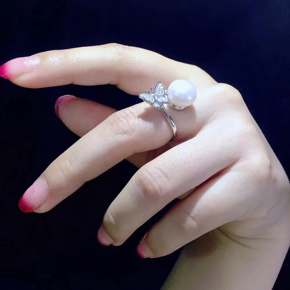 кольцо с натуральным пресноводным жемчугом из стерлингового серебра 925 пробы с кубическим цирконом, бабочка, кольцо от насекомых, регулируемый размер, изысканные женские украшения Изображение 2