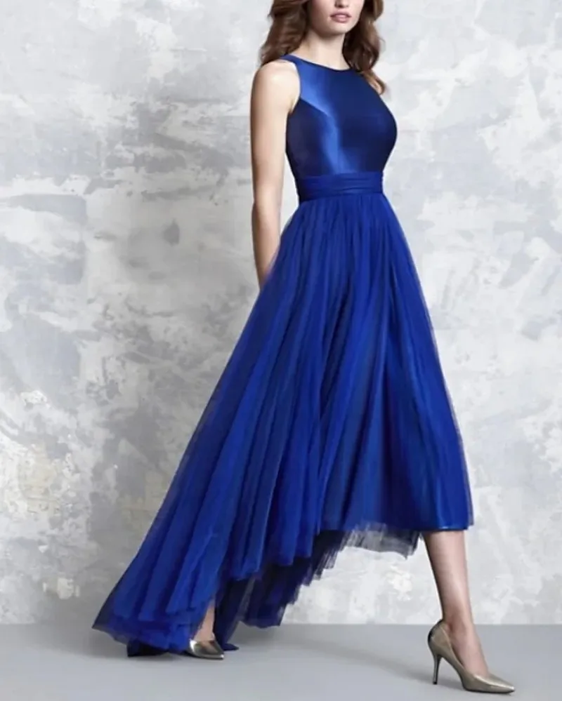 Королевские Синие Высокие Низкие платья для выпускного вечера 2023 с драгоценным вырезом, Асимметричные Платья из атласного тюля без рукавов для вечеринки по случаю Дня рождения, Robe De Soiree Femme Изображение 0