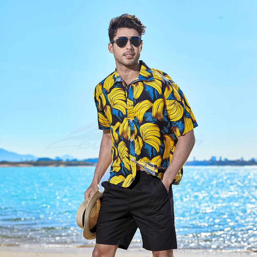 Летние модные мужские гавайские рубашки С коротким рукавом, однобортная повседневная пляжная рубашка с принтом кокосовой пальмы и банана, Плюс размер 5XL Изображение 0