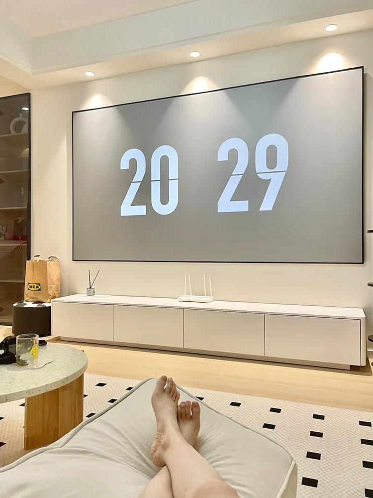 Минималистичная белая гостиная, современный минималистичный малогабаритный шкаф для телевизора из массива дерева от пола до потолка от знаменитостей онлайн Изображение 1