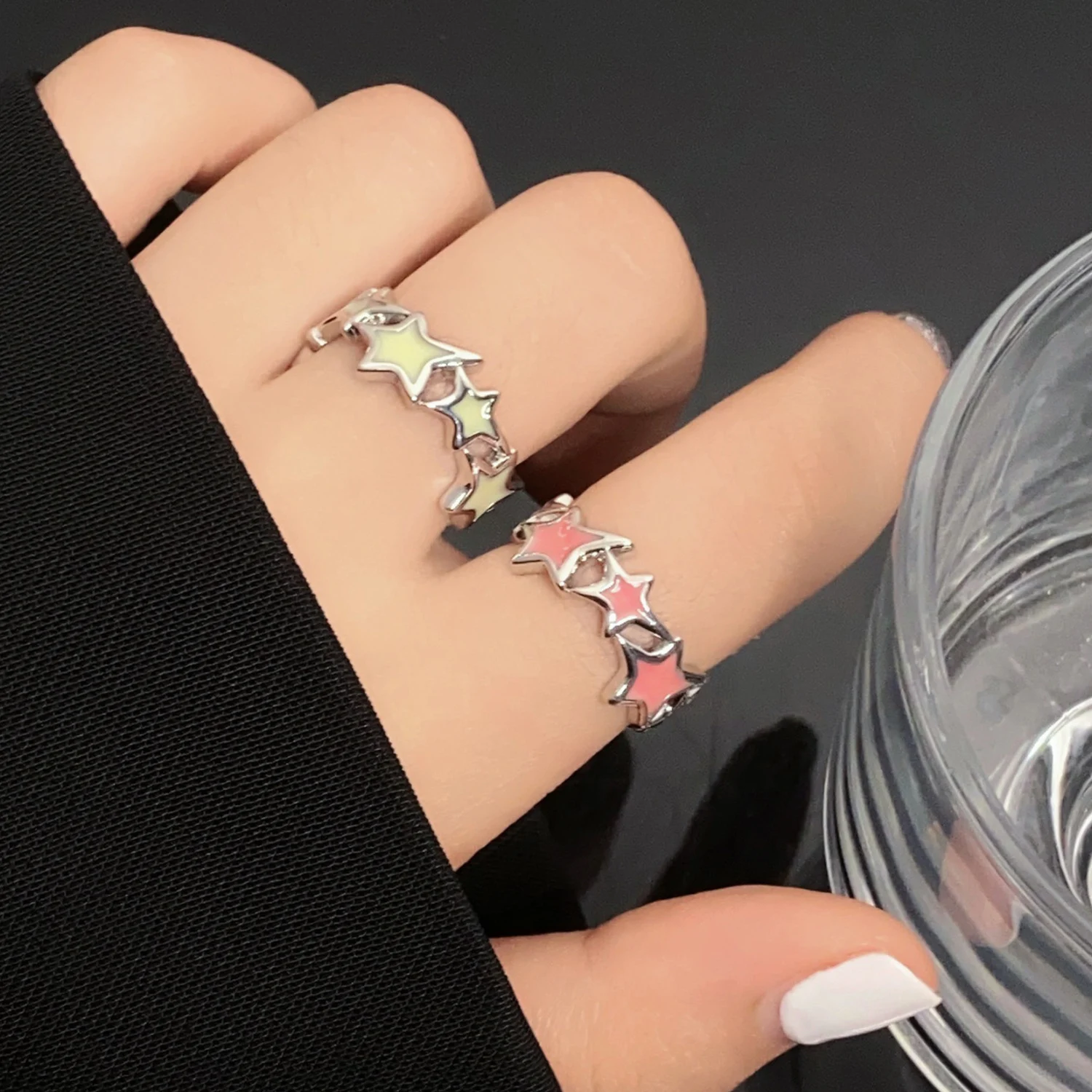 Модное Открытое кольцо с кристаллами в виде пентаграммы и звезд для женщин, Милое Регулируемое кольцо для девочек, Винтажная Нерегулярная эстетика, ювелирные изделия Y2K Изображение 1