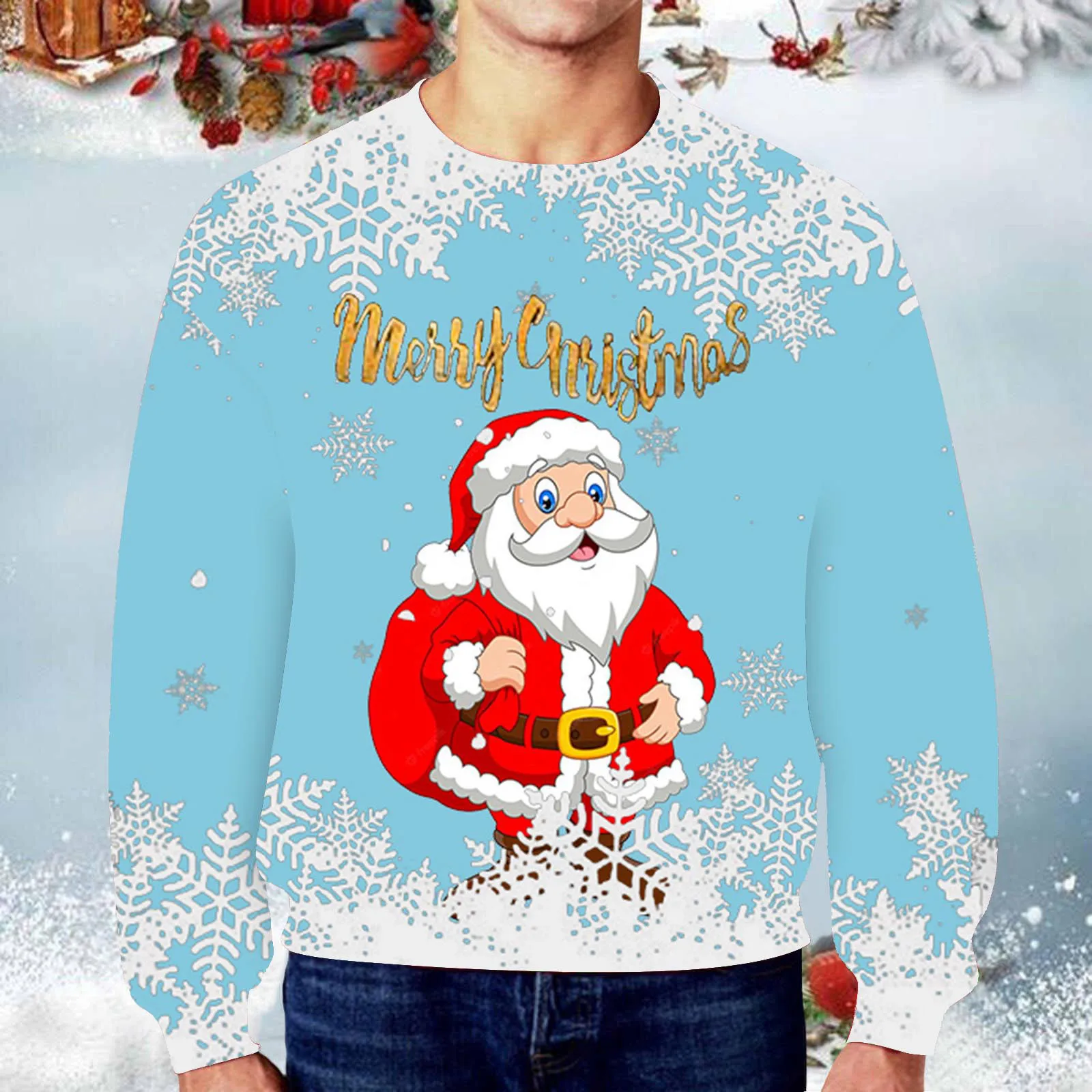 Мужская зимне-осенняя повседневная одежда с круглым вырезом и длинным рукавом, пуловер с рождественским принтом, толстовка, верхняя блузка Изображение 0