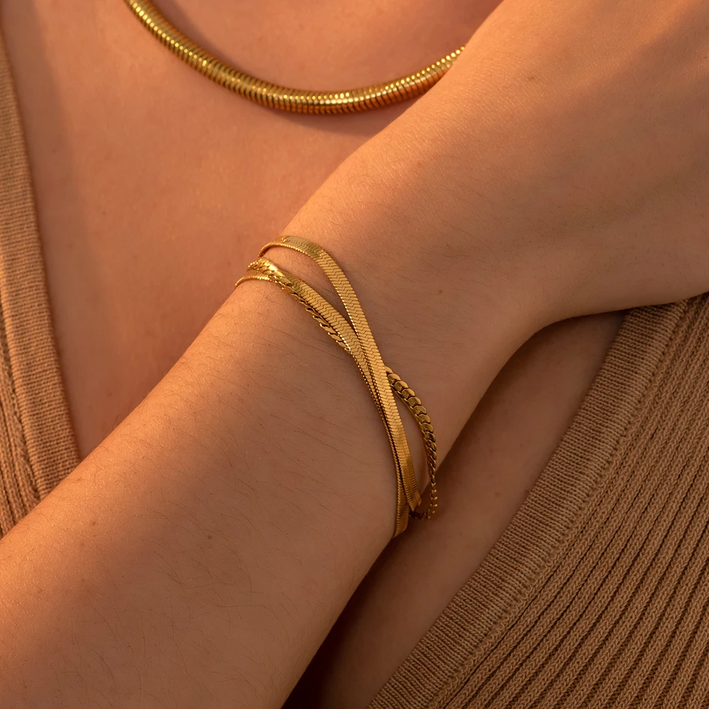 Новый модный Многослойный Плоский браслет-цепочка в елочку со змеей, Плоские Кубинские браслеты-цепочки для мужчин и женщин, ювелирные изделия из нержавеющей стали Изображение 0
