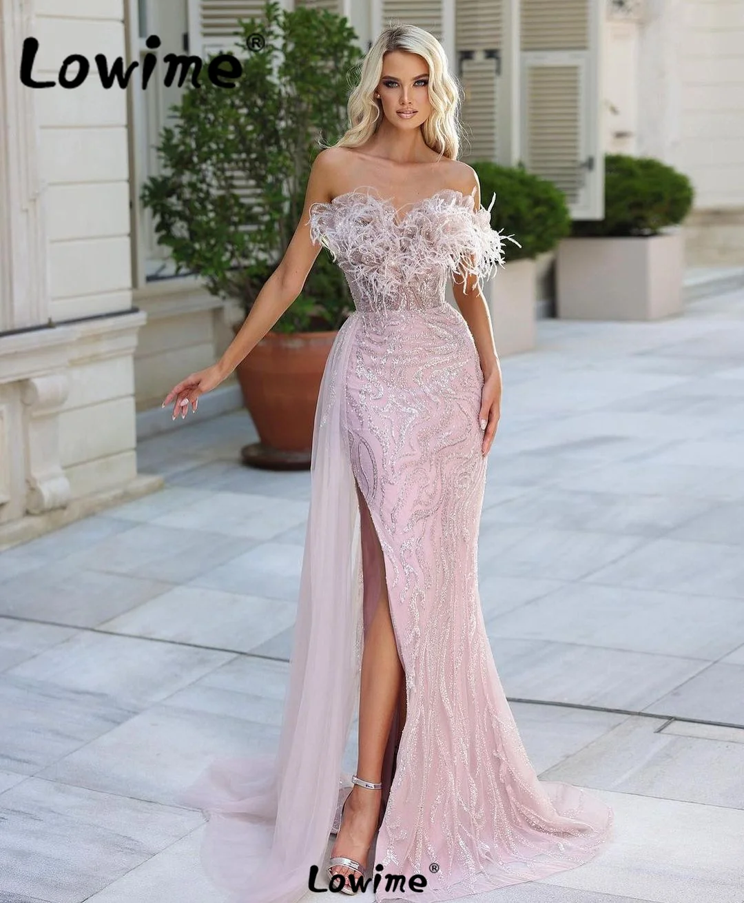 Платья для Свадебной вечеринки с Розовыми Перьями, Vestidos De Fiesta Elegantes Para Mujer 2023, Платья Для Выпускного вечера с разрезом из Бисера, Арабские Вечерние Платья Изображение 0