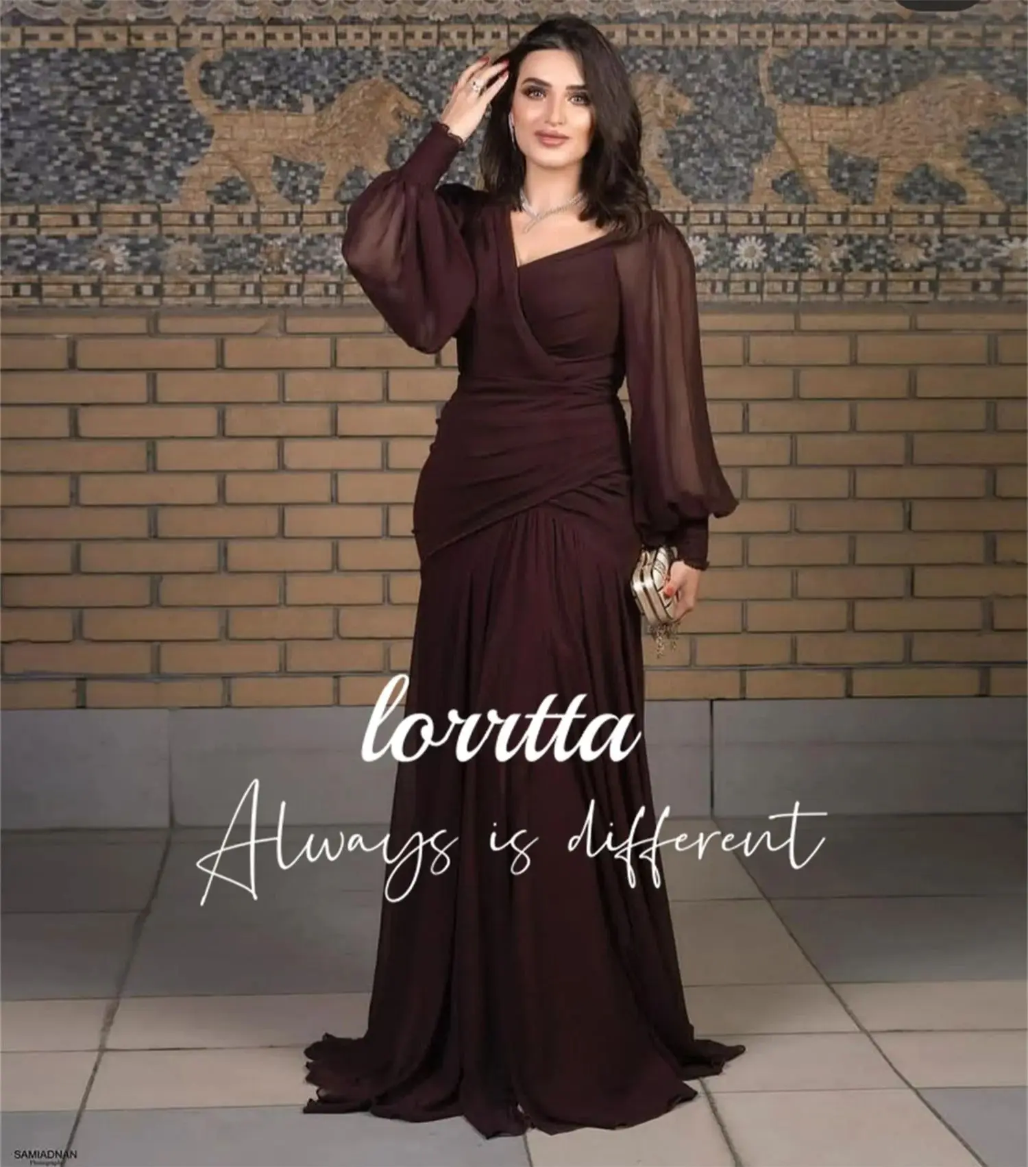 Плиссированное Вечернее платье Lorrtta С V-образным вырезом и длинными рукавами 