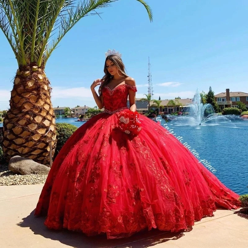 Пышное Красное Пышное платье С кружевными аппликациями и открытыми плечами, расшитое бисером, Сладкие 16 Бальных платьев, праздничные платья Vestidos De Изображение 0