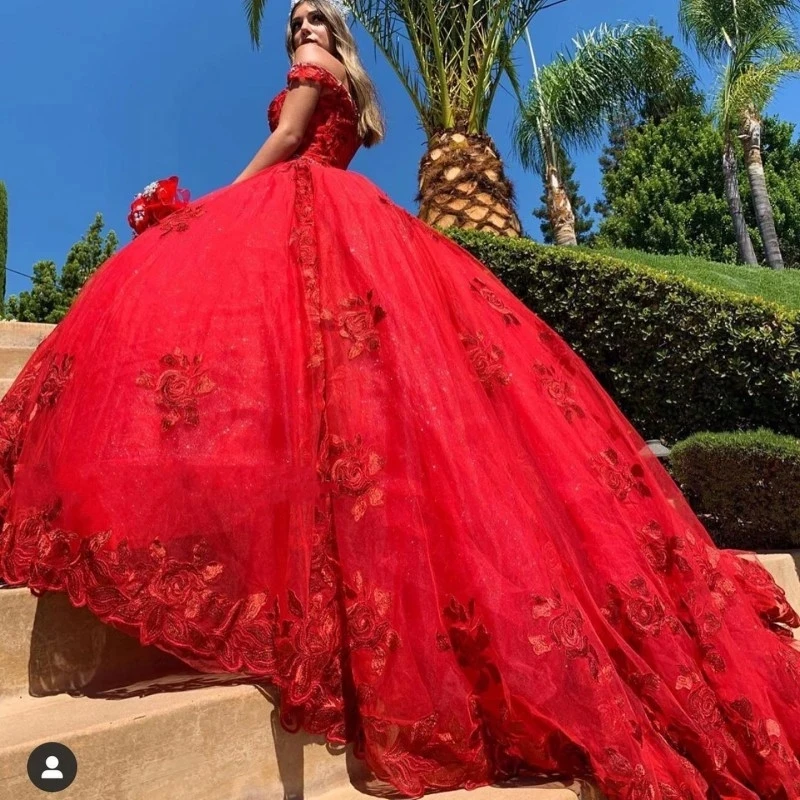 Пышное Красное Пышное платье С кружевными аппликациями и открытыми плечами, расшитое бисером, Сладкие 16 Бальных платьев, праздничные платья Vestidos De Изображение 1