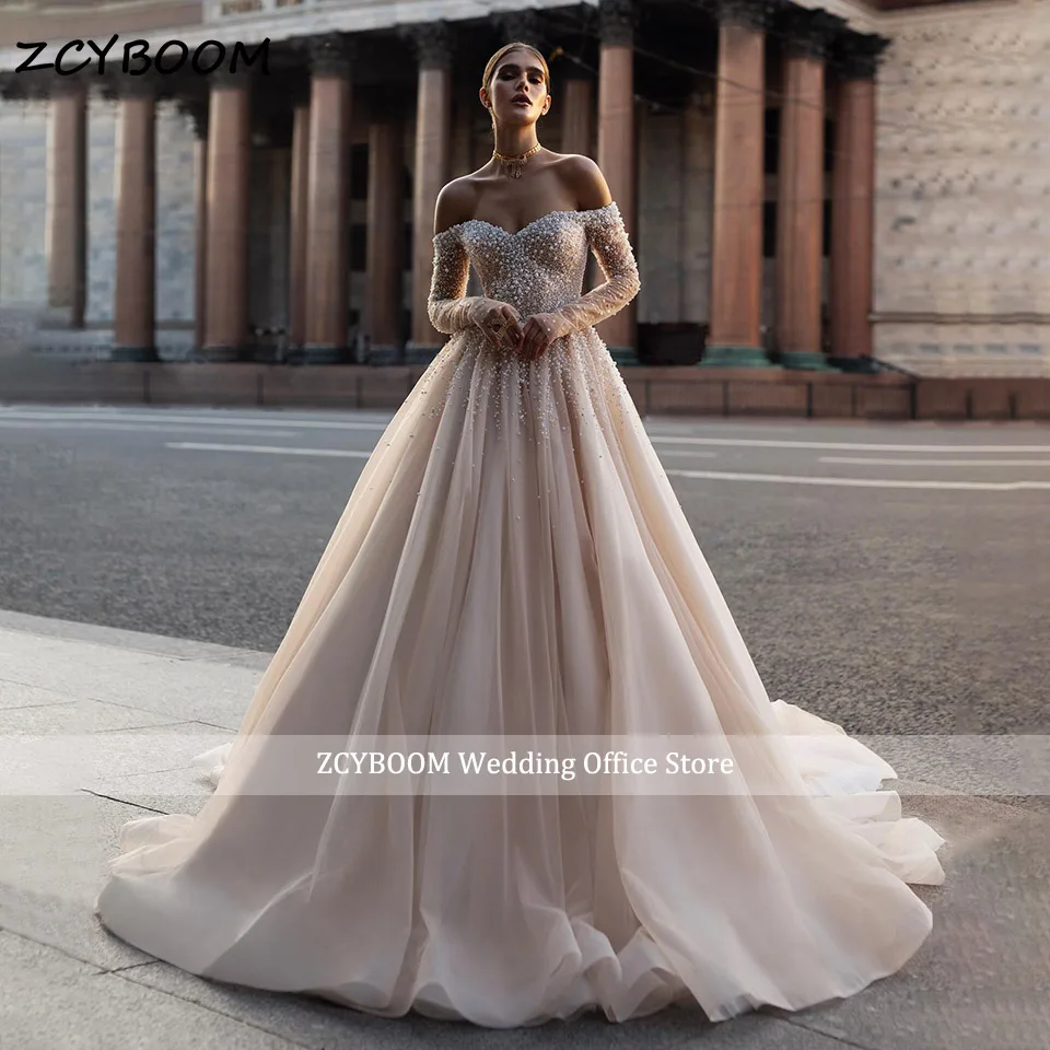 Роскошное свадебное платье с открытыми плечами, расшитое блестящим жемчугом, расшитое бисером, 2024, бальное платье принцессы с длинными рукавами, Женские платья невесты, Vestido De Noiva Изображение 0