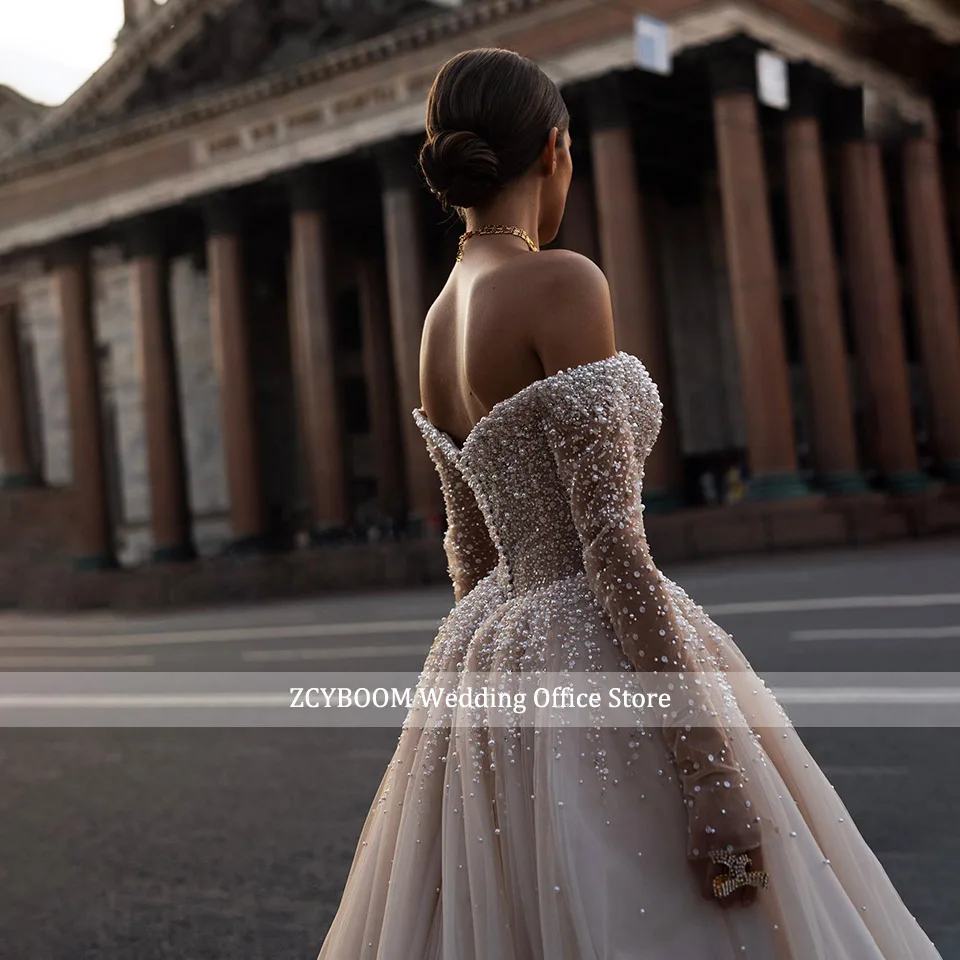Роскошное свадебное платье с открытыми плечами, расшитое блестящим жемчугом, расшитое бисером, 2024, бальное платье принцессы с длинными рукавами, Женские платья невесты, Vestido De Noiva Изображение 3