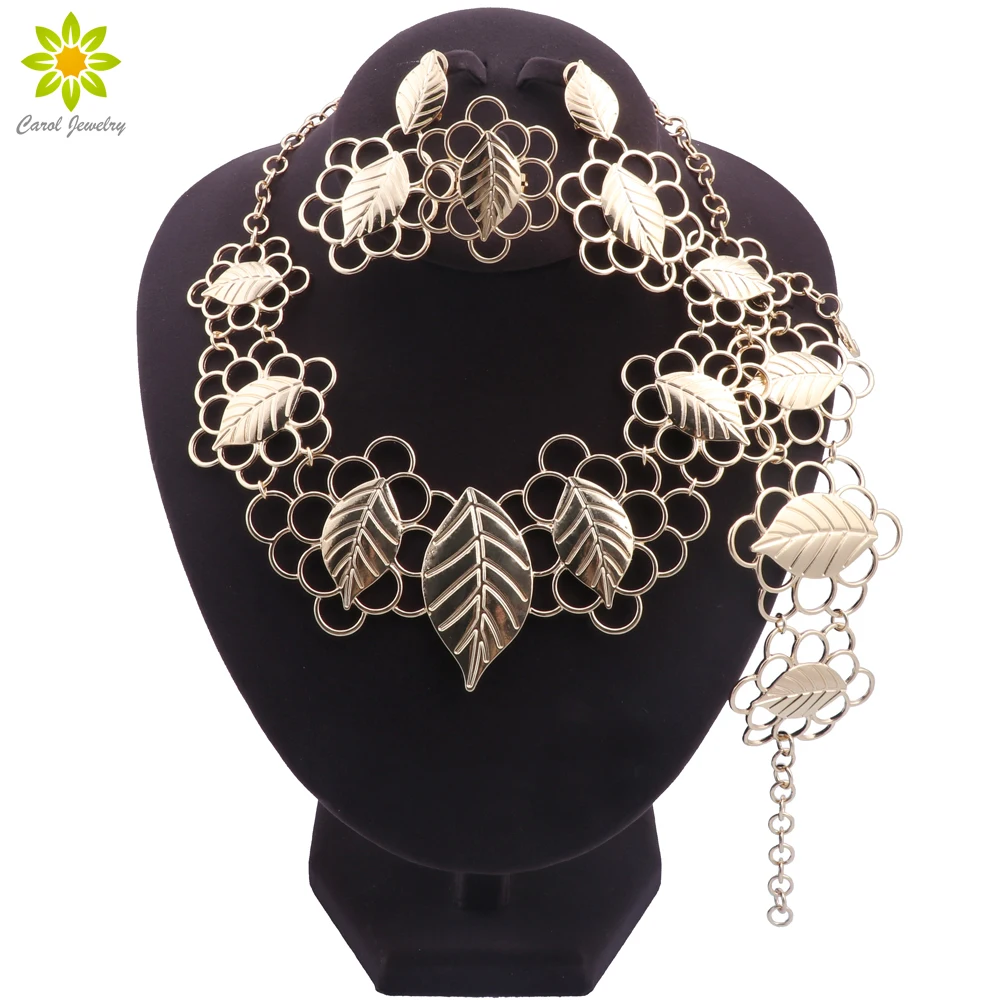 Самый продаваемый Итальянский Позолоченный Женский ювелирный набор в форме листьев, ожерелье, серьги для банкета, кольцо, браслет, подарок Изображение 0