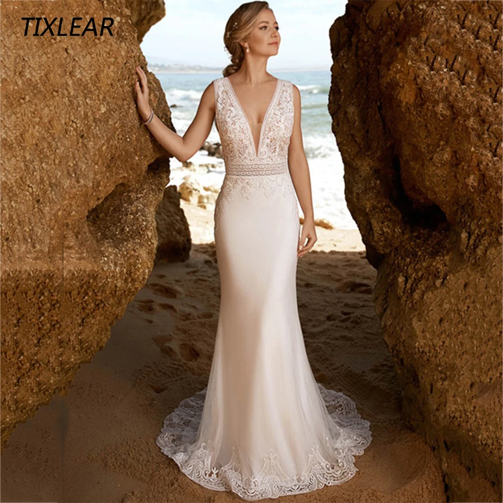 Свадебное платье TIXLEAR в стиле русалки в стиле БОХО, Элегантный V-образный вырез, кружевные аппликации, Свадебное платье на пуговицах с открытой спиной, длина до пола, Vestidos De Novia New Изображение 0
