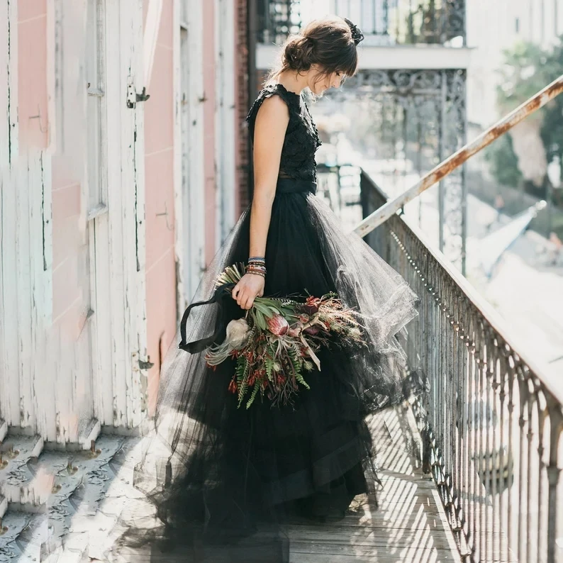 Свадебное платье в стиле бохо с черной подкладкой, аппликации Трапециевидной формы, свадебные платья с оборками, Кружевное платье на заказ Изображение 5