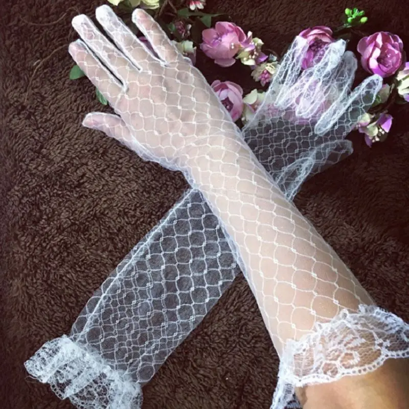 Свадебные кружевные длинные перчатки с оборками, Элегантные летние варежки до локтя для женщин, девочек, свадьбы, вечеринки в честь Хэллоуина Изображение 0