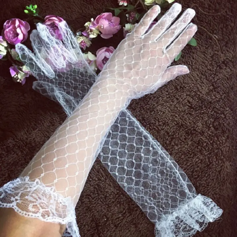 Свадебные кружевные длинные перчатки с оборками, Элегантные летние варежки до локтя для женщин, девочек, свадьбы, вечеринки в честь Хэллоуина Изображение 1