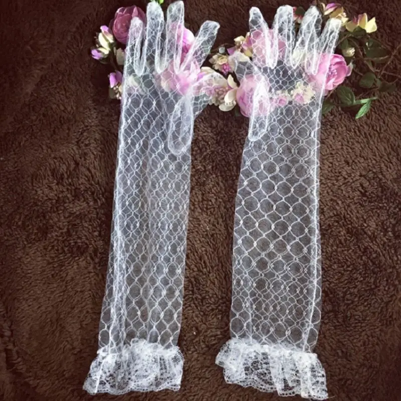 Свадебные кружевные длинные перчатки с оборками, Элегантные летние варежки до локтя для женщин, девочек, свадьбы, вечеринки в честь Хэллоуина Изображение 2