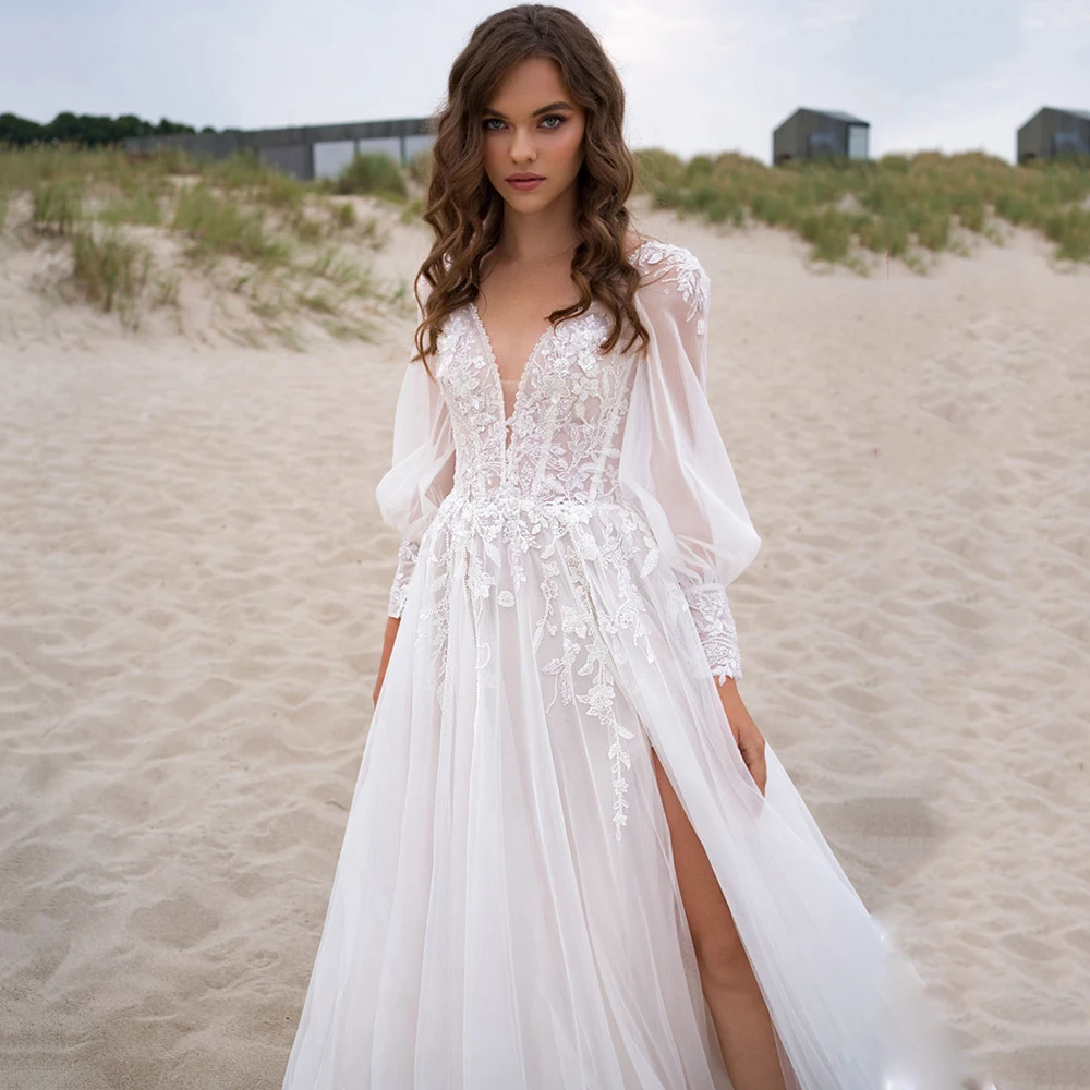 Свадебные платья On Zhu Simple Beach с V-образным вырезом 2023, пышные рукава, свадебное платье с высоким разрезом и открытой спиной, Кружевная аппликация, тюлевый халат De Mariée Изображение 3
