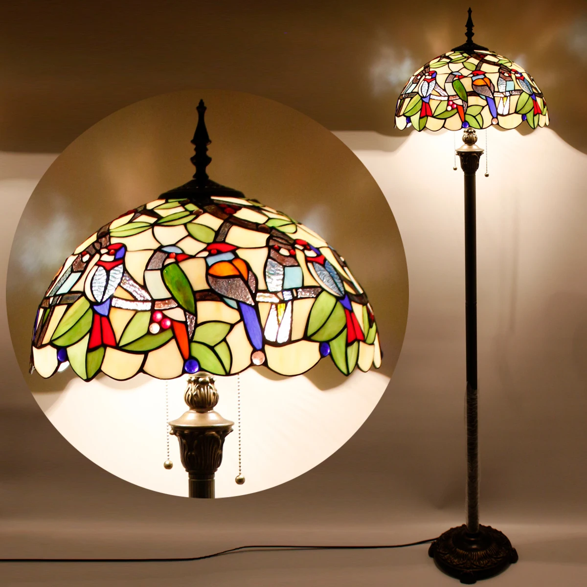 Торшер WERFACTORY Tiffany с двойными Птицами, Янтарный витраж, Настольная лампа для чтения 16X16X64 дюймов, Антикварный Угловой светильник на шесте Изображение 3