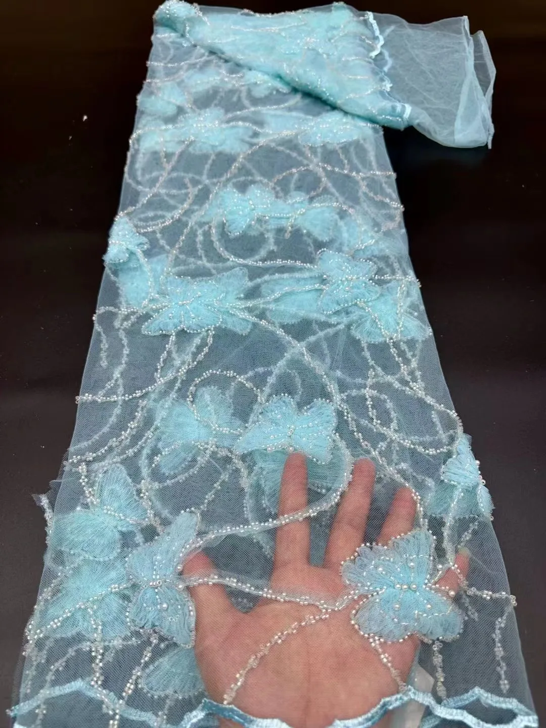 Французский Тюль 3D Аппликация Кружевная Ткань 2023 Высокое Качество Африканский Жемчуг С Камнями Кружевная Ткань Для Женщин Вечернее Платье Сшить Изображение 0