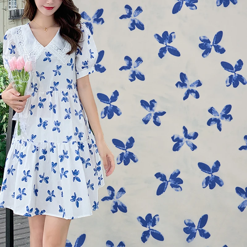 Хлопчатобумажная ткань с синим цветочным принтом и крашеная ткань одежда платье рубашка ручной работы из чистого хлопка летняя цветочная ткань Изображение 0