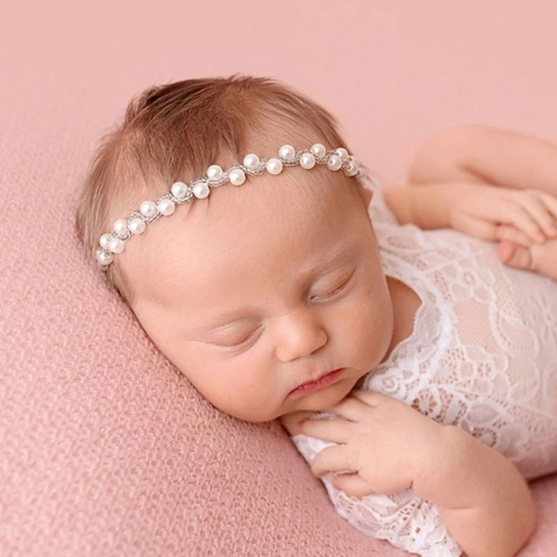 Эластичная Повязка на голову для новорожденных, Реквизит для Фотосессии, Милая Лента для волос с искусственным жемчугом для младенцев Изображение 2