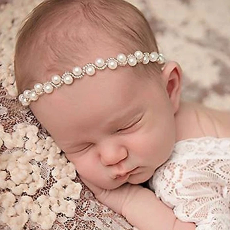 Эластичная Повязка на голову для новорожденных, Реквизит для Фотосессии, Милая Лента для волос с искусственным жемчугом для младенцев Изображение 3