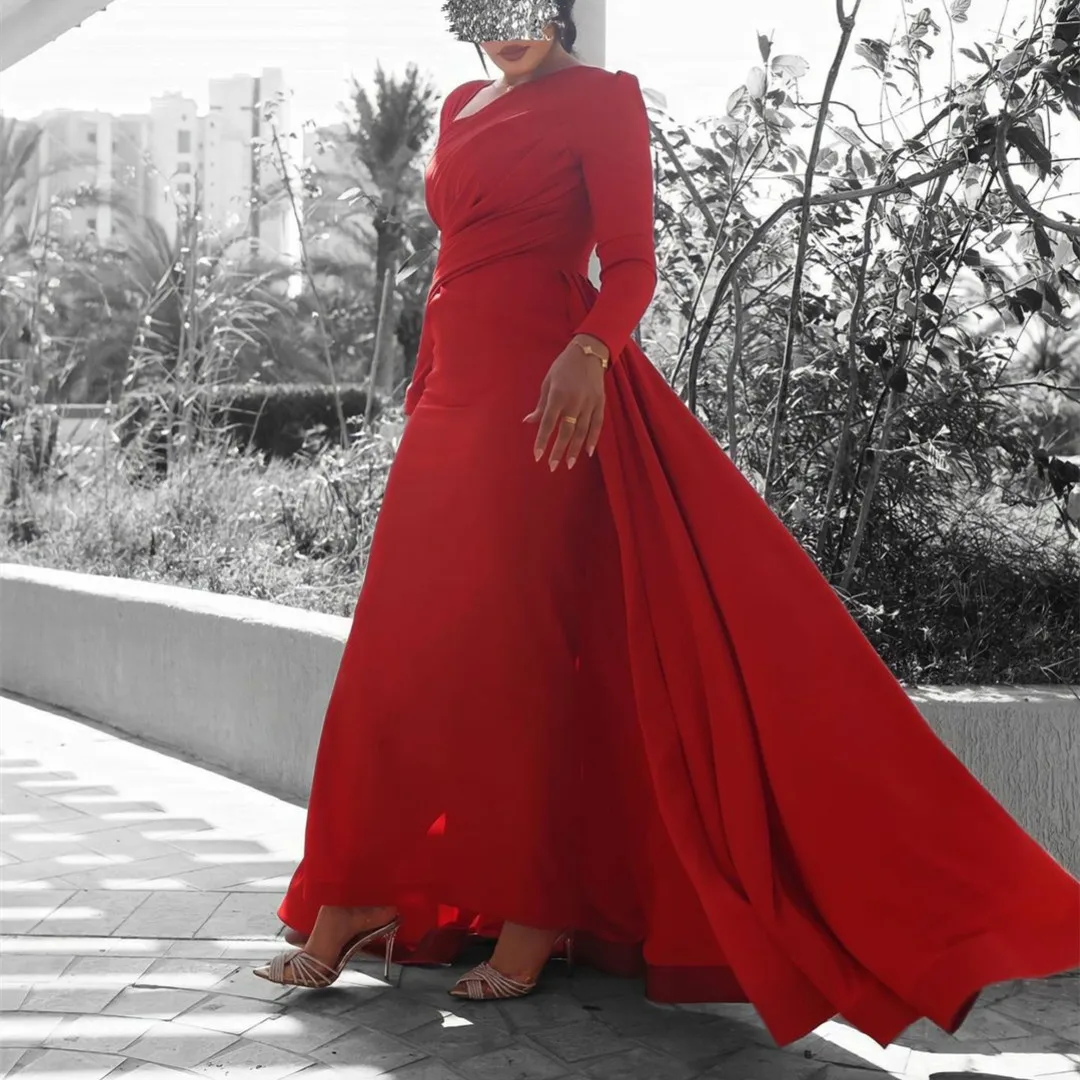 Элегантные вечерние платья из красного крепа с длинными рукавами и разрезом, русалка, складки длиной до щиколоток, вечерние платья с оборками для женщин Изображение 0