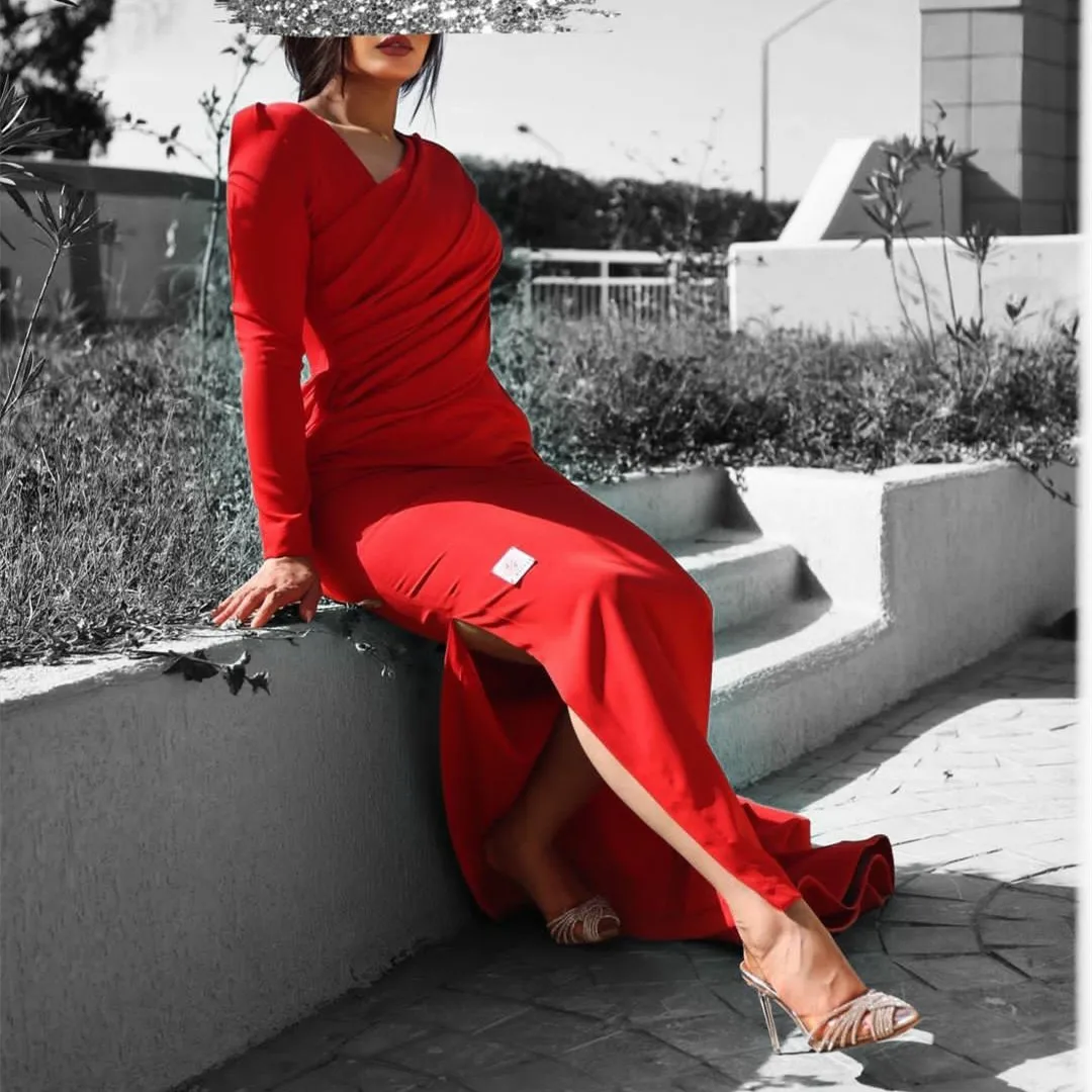 Элегантные вечерние платья из красного крепа с длинными рукавами и разрезом, русалка, складки длиной до щиколоток, вечерние платья с оборками для женщин Изображение 1